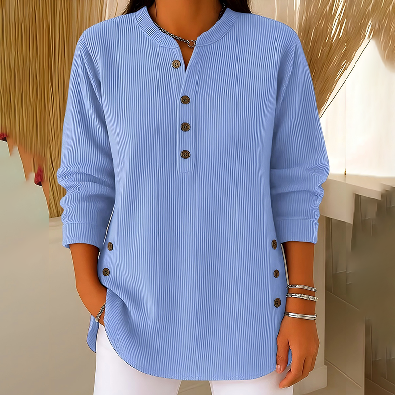 Bästsäljare🔥 👚 Damernas Henley-Topp – Mjuk Ribbstickad Tröja med Sidoknappar för Elegant Vardag
