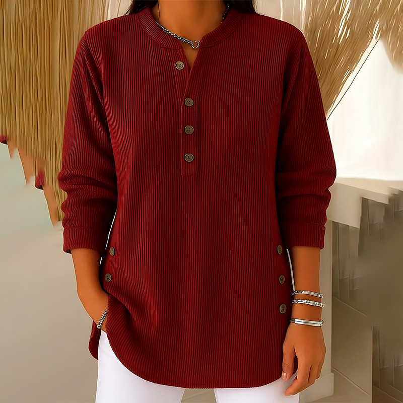 Bästsäljare🔥 👚 Damernas Henley-Topp – Mjuk Ribbstickad Tröja med Sidoknappar för Elegant Vardag
