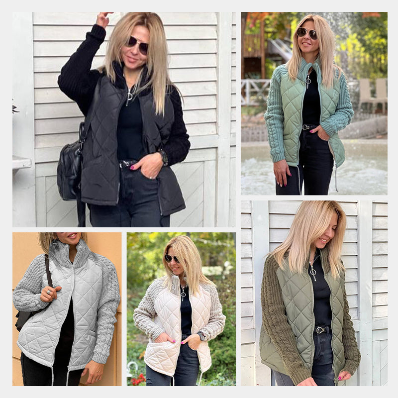 ❄️Stickad Patchwork Jacka för Kvinnor – Lätt Värmande Höstjacka med Praktiska Fickor