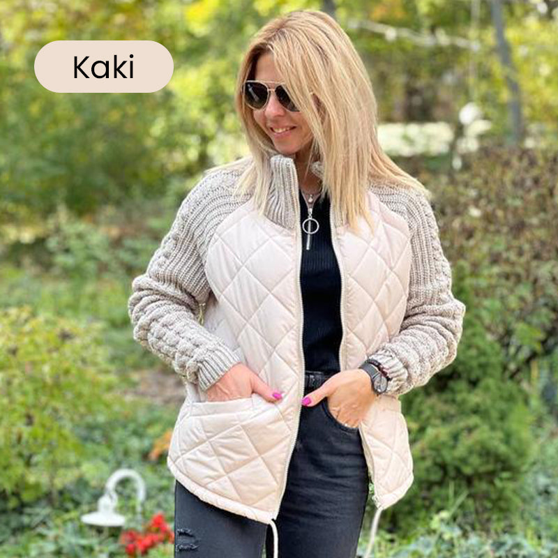 ❄️Stickad Patchwork Jacka för Kvinnor – Lätt Värmande Höstjacka med Praktiska Fickor