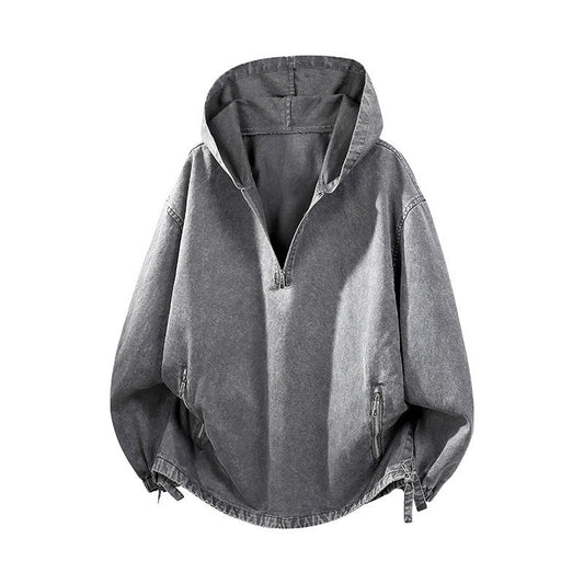 Herrarnas Vintage Hoodie med Halv Dragkedja – Tvättad Casual Tröja med Avslappnad Passform