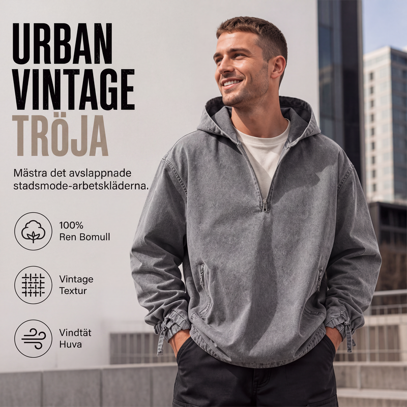 Herrarnas Vintage Hoodie med Halv Dragkedja – Tvättad Casual Tröja med Avslappnad Passform