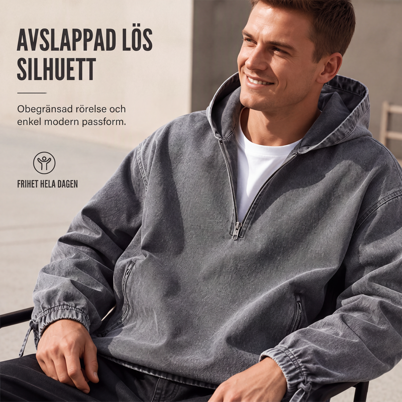 Herrarnas Vintage Hoodie med Halv Dragkedja – Tvättad Casual Tröja med Avslappnad Passform