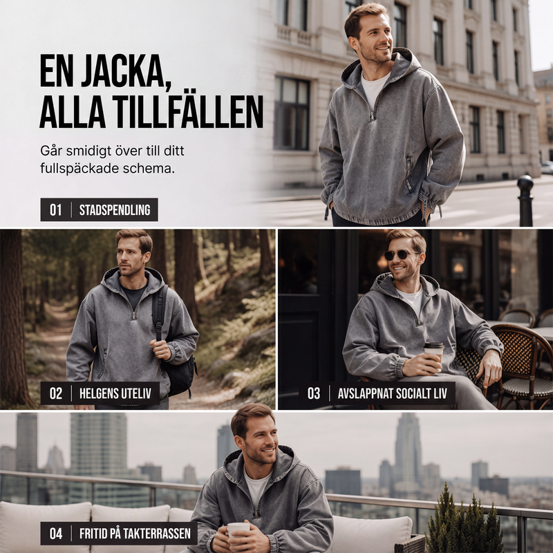 Herrarnas Vintage Hoodie med Halv Dragkedja – Tvättad Casual Tröja med Avslappnad Passform