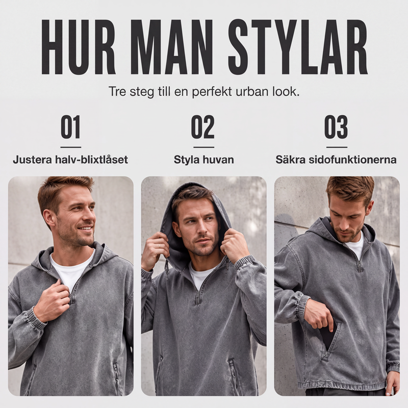 Herrarnas Vintage Hoodie med Halv Dragkedja – Tvättad Casual Tröja med Avslappnad Passform