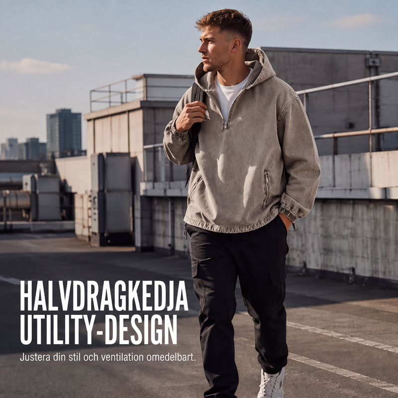 Herrarnas Vintage Hoodie med Halv Dragkedja – Tvättad Casual Tröja med Avslappnad Passform