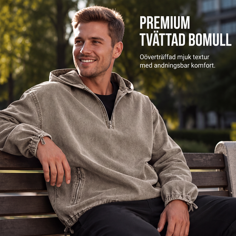 Herrarnas Vintage Hoodie med Halv Dragkedja – Tvättad Casual Tröja med Avslappnad Passform
