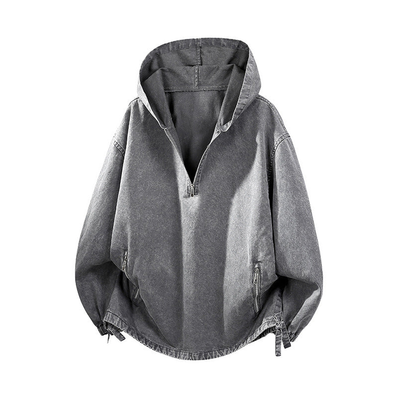 Herrarnas Vintage Hoodie med Halv Dragkedja – Tvättad Casual Tröja med Avslappnad Passform