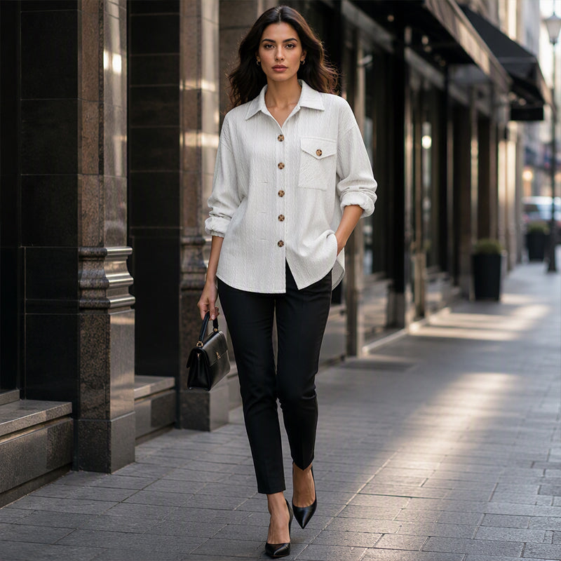 Texturerad Skjorta för Kvinnor – Långärmad Overshirt med Avslappnad Passform och Elegant Stil