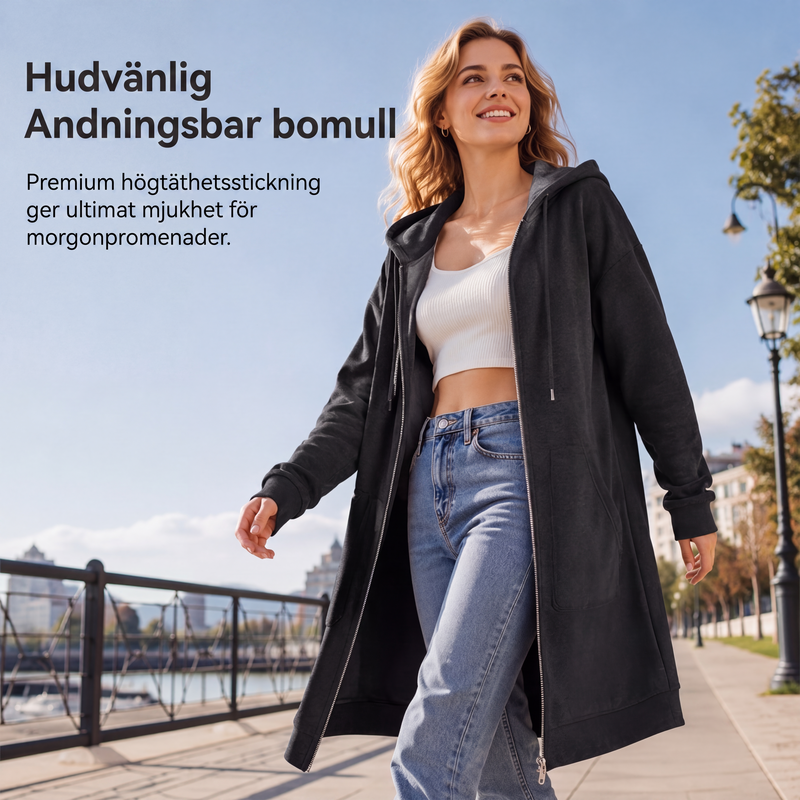⏳ Het erbjudande! |Lång Huvtröja Dam – Mjuk Hoodie Cardigan med Dragkedja & Fickor för Bekväm Vardag