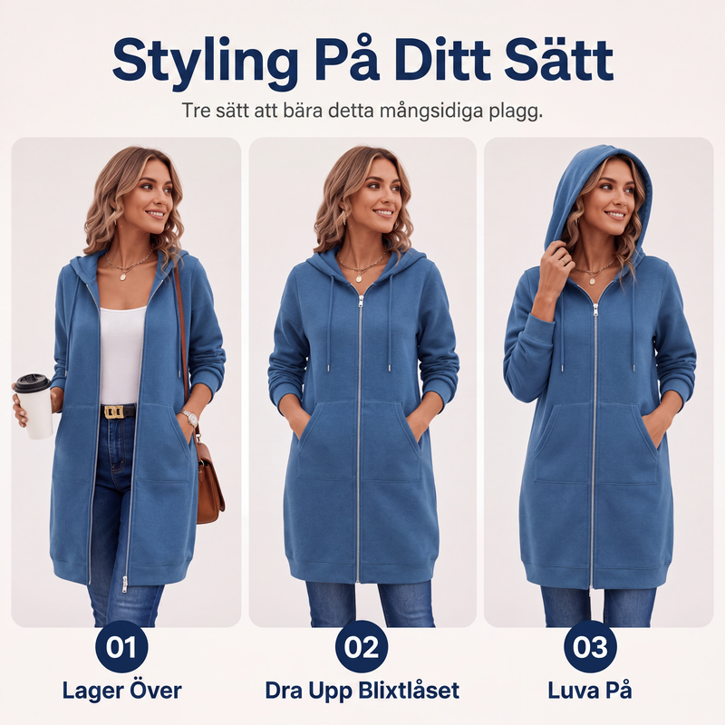 ⏳ Het erbjudande! |Lång Huvtröja Dam – Mjuk Hoodie Cardigan med Dragkedja & Fickor för Bekväm Vardag