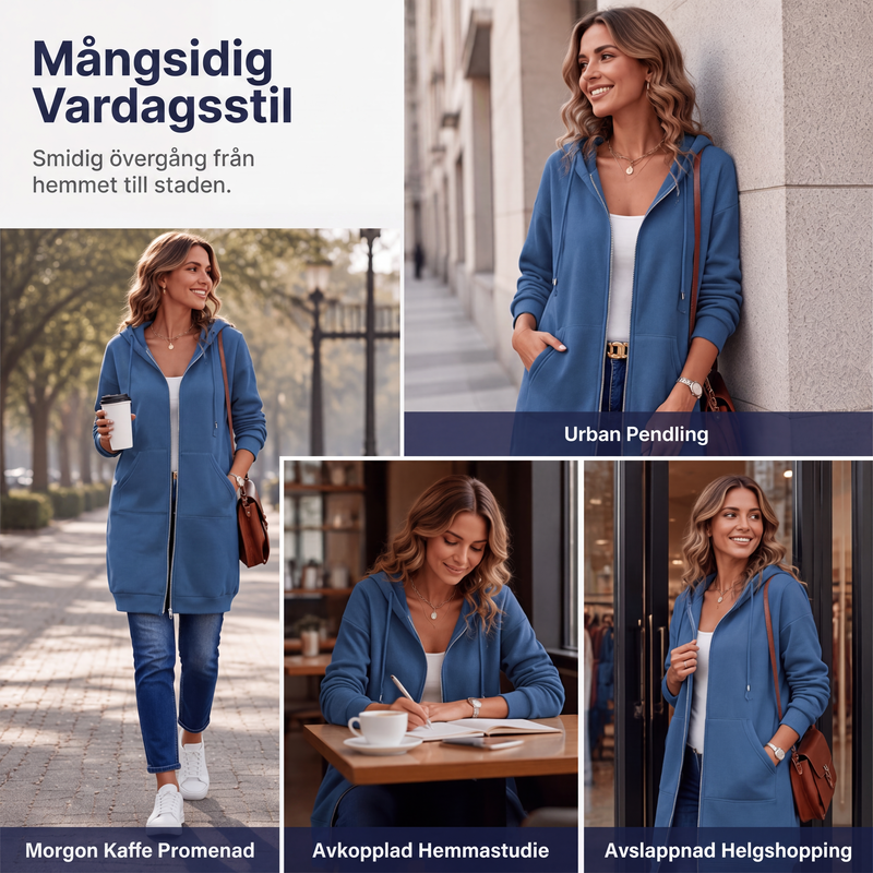 ⏳ Het erbjudande! |Lång Huvtröja Dam – Mjuk Hoodie Cardigan med Dragkedja & Fickor för Bekväm Vardag