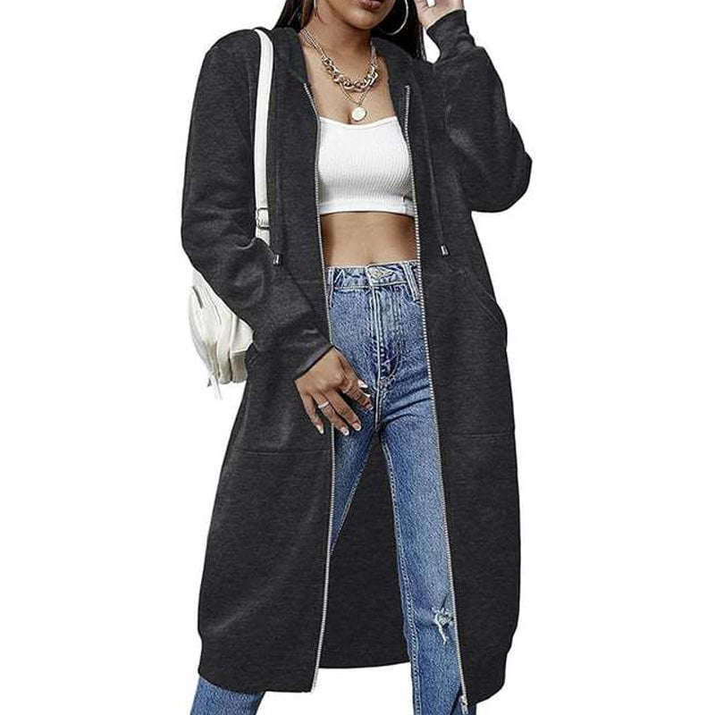 ⏳ Het erbjudande! |Lång Huvtröja Dam – Mjuk Hoodie Cardigan med Dragkedja & Fickor för Bekväm Vardag