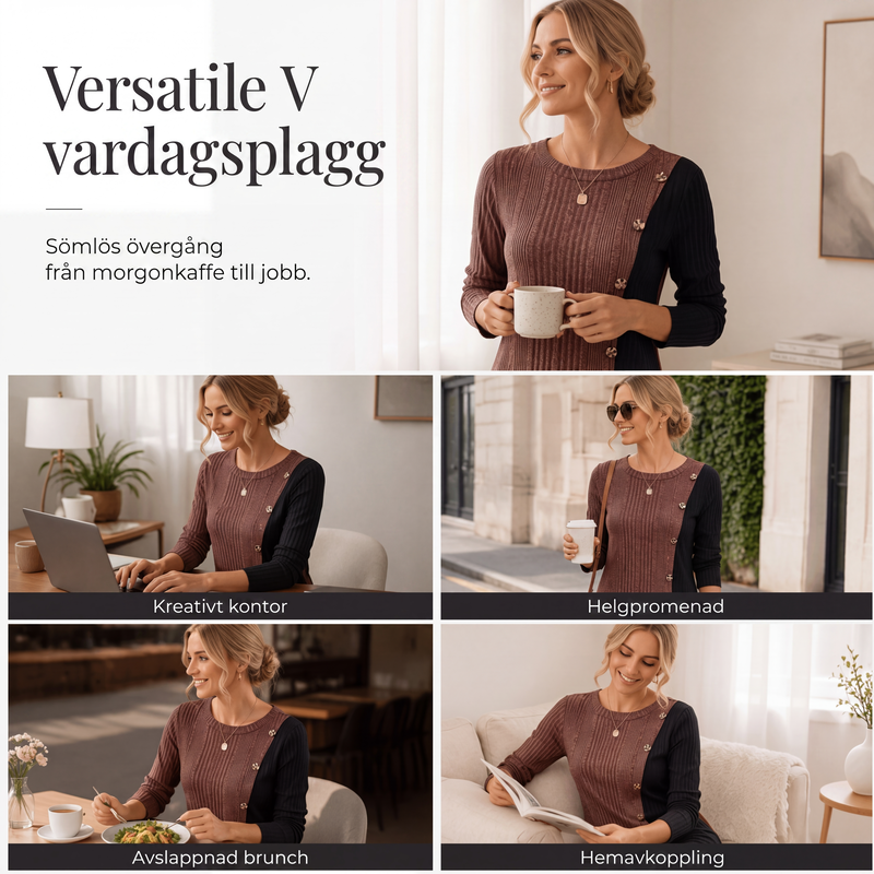 🍂Nya höstnyheter-Färgblockad avslappnad stickad tröja med ribbad struktur för kvinnor