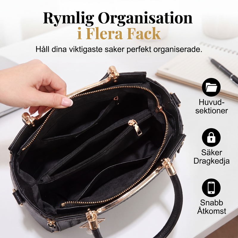 Elegant handväska med flera fack och axelrem