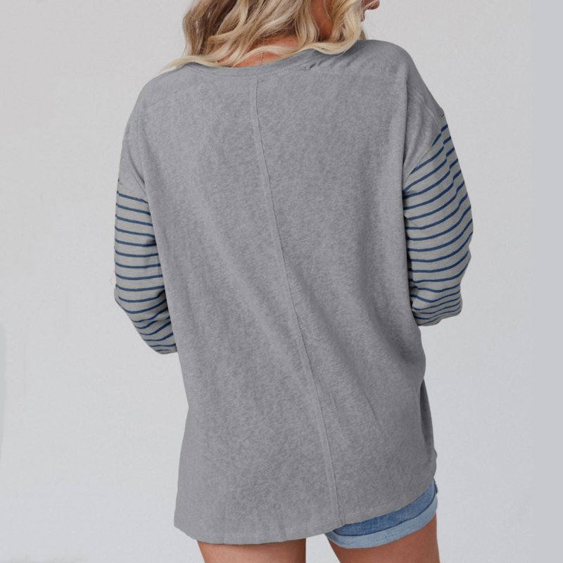 Nyhet✨Damtrendig Färgblocksmönster randig långärmad t-shirt