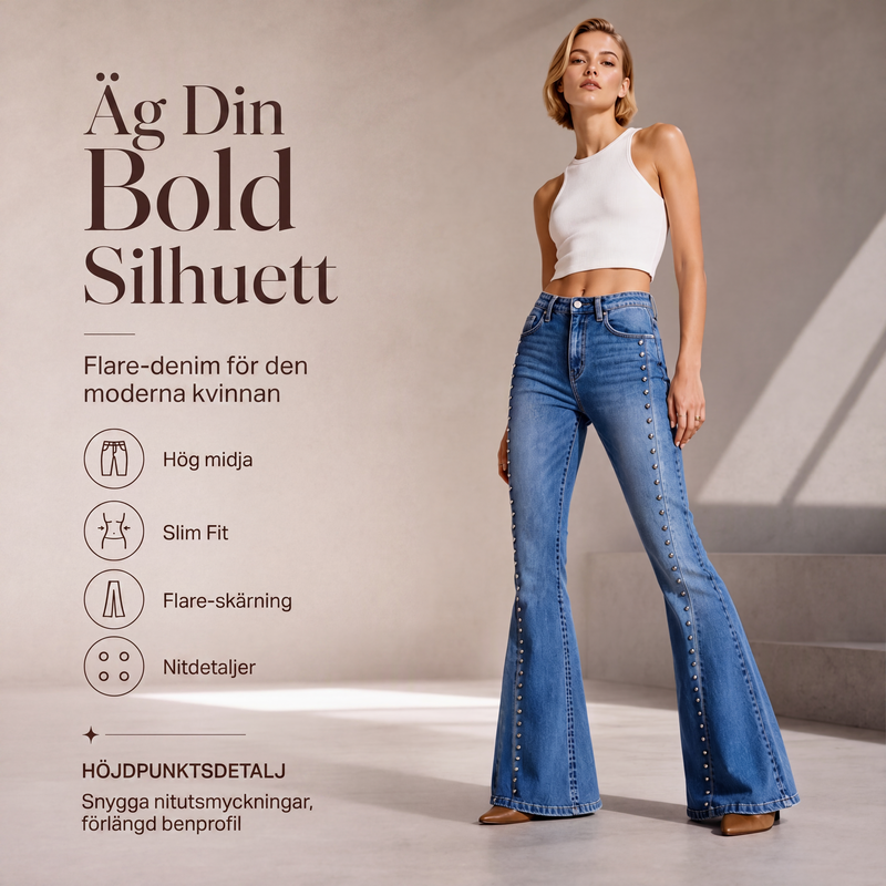 ⏳ Het erbjudande! |Kvinnors högmidjade utsvängda jeans med nitar