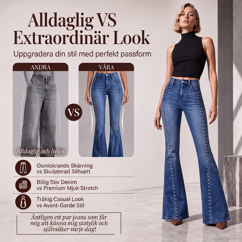 ⏳ Het erbjudande! |Kvinnors högmidjade utsvängda jeans med nitar