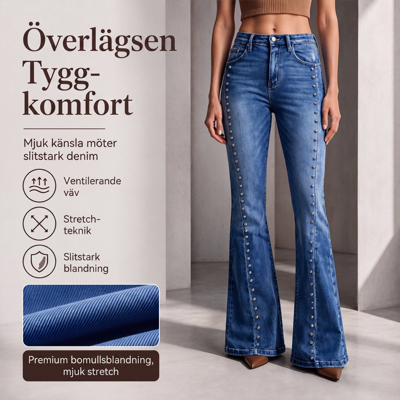 ⏳ Het erbjudande! |Kvinnors högmidjade utsvängda jeans med nitar
