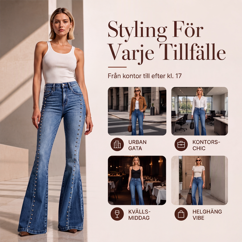 ⏳ Het erbjudande! |Kvinnors högmidjade utsvängda jeans med nitar