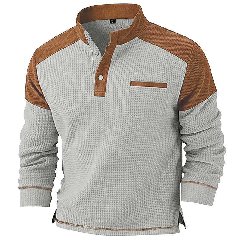 Modern Henley Tröja för Herr – Våffelstickad Design med Premium Detaljer