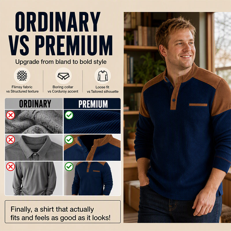 Modern Henley Tröja för Herr – Våffelstickad Design med Premium Detaljer