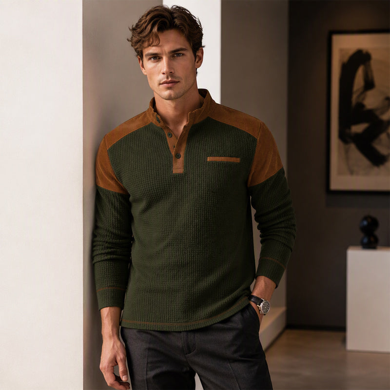Modern Henley Tröja för Herr – Våffelstickad Design med Premium Detaljer