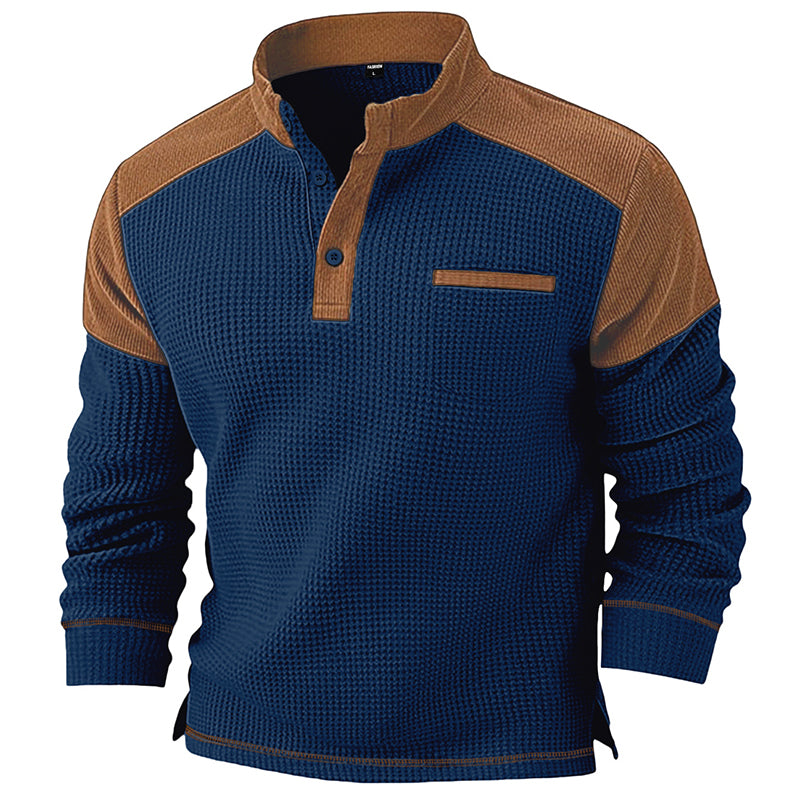 Modern Henley Tröja för Herr – Våffelstickad Design med Premium Detaljer