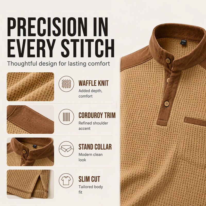 Modern Henley Tröja för Herr – Våffelstickad Design med Premium Detaljer