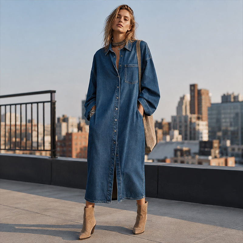 🍂Nya höstnyheter|Elegant Denimskjortklänning för Dam – Bekväm Oversized Passform med Tidlös Stil