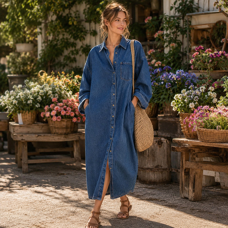 🍂Nya höstnyheter|Elegant Denimskjortklänning för Dam – Bekväm Oversized Passform med Tidlös Stil
