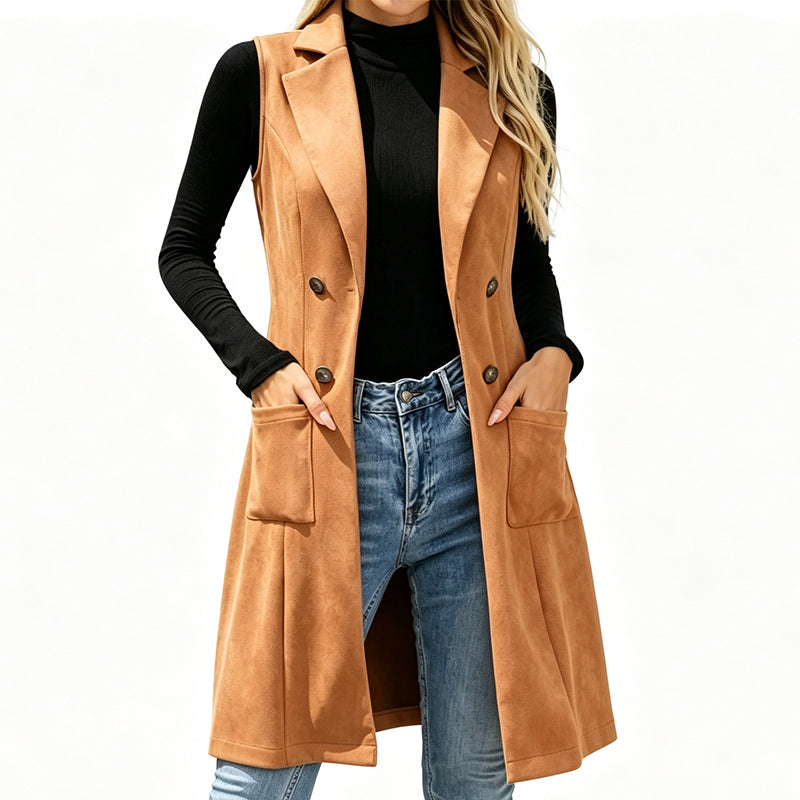 🍂Dam Lång Väst med Dubbelknäppning – Elegant Höstväst för Modern Stil
