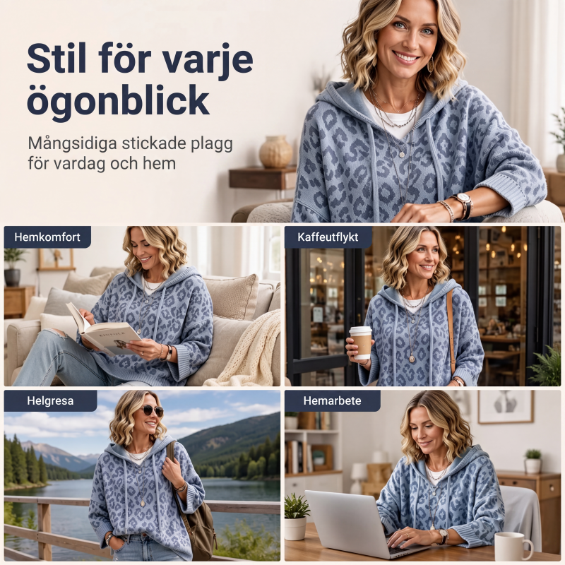 Leopardmönstrad Stickad Huvtröja för Dam – Mjuk Oversized Tröja för Hösten