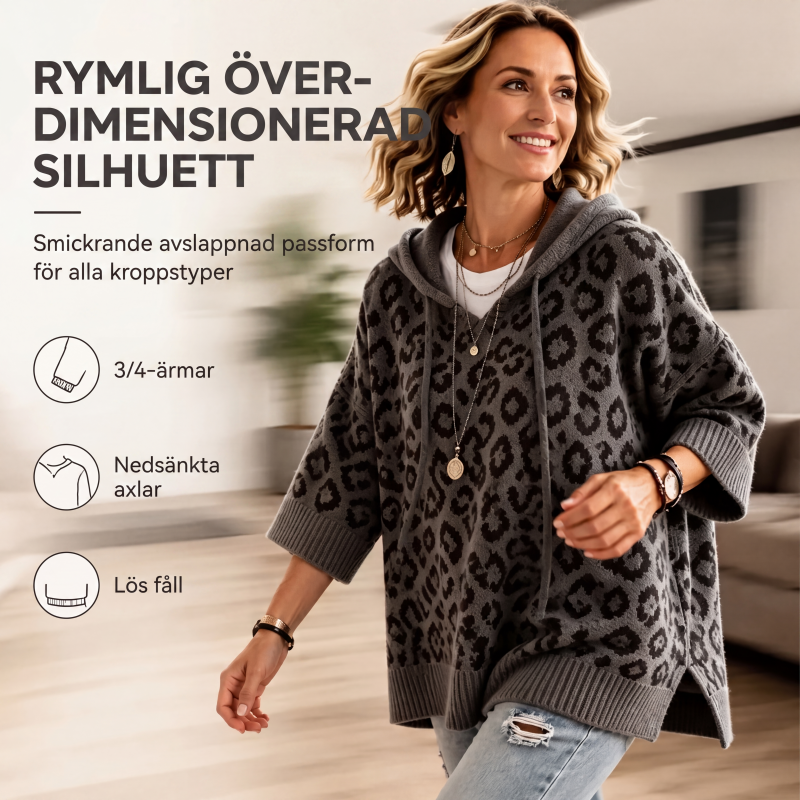 Leopardmönstrad Stickad Huvtröja för Dam – Mjuk Oversized Tröja för Hösten