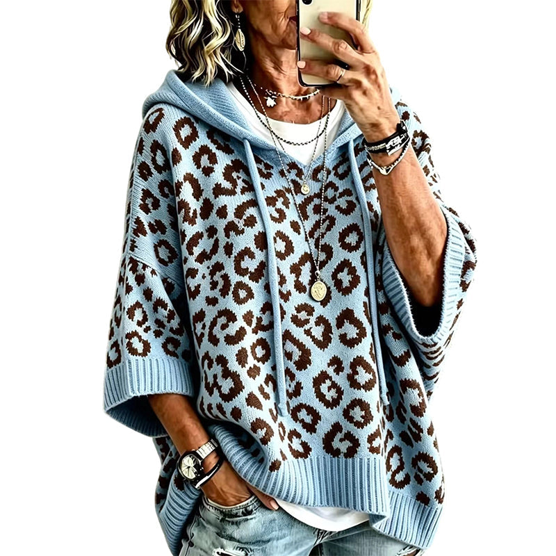 Leopardmönstrad Stickad Huvtröja för Dam – Mjuk Oversized Tröja för Hösten