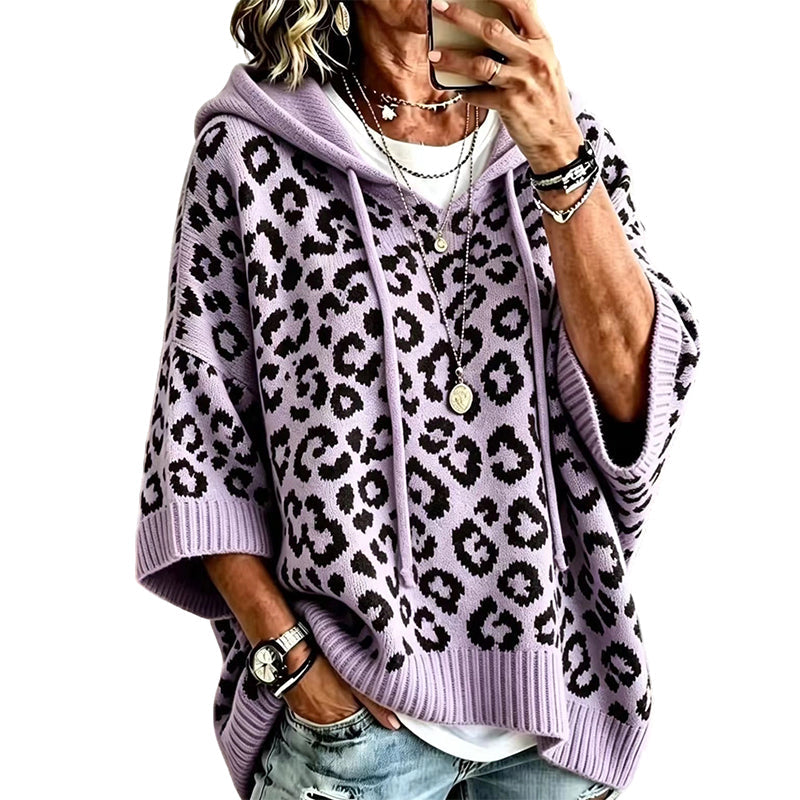 Leopardmönstrad Stickad Huvtröja för Dam – Mjuk Oversized Tröja för Hösten