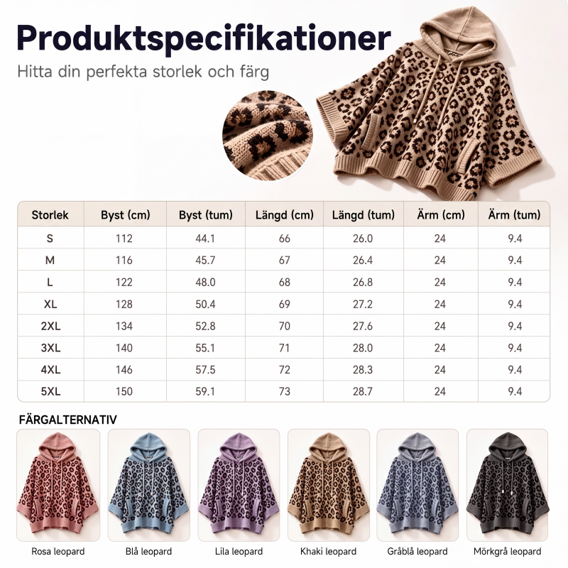 Leopardmönstrad Stickad Huvtröja för Dam – Mjuk Oversized Tröja för Hösten