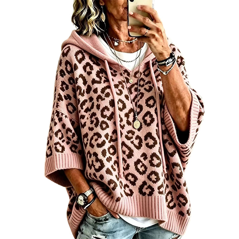 Leopardmönstrad Stickad Huvtröja för Dam – Mjuk Oversized Tröja för Hösten