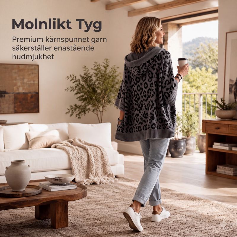 Leopardmönstrad Stickad Huvtröja för Dam – Mjuk Oversized Tröja för Hösten