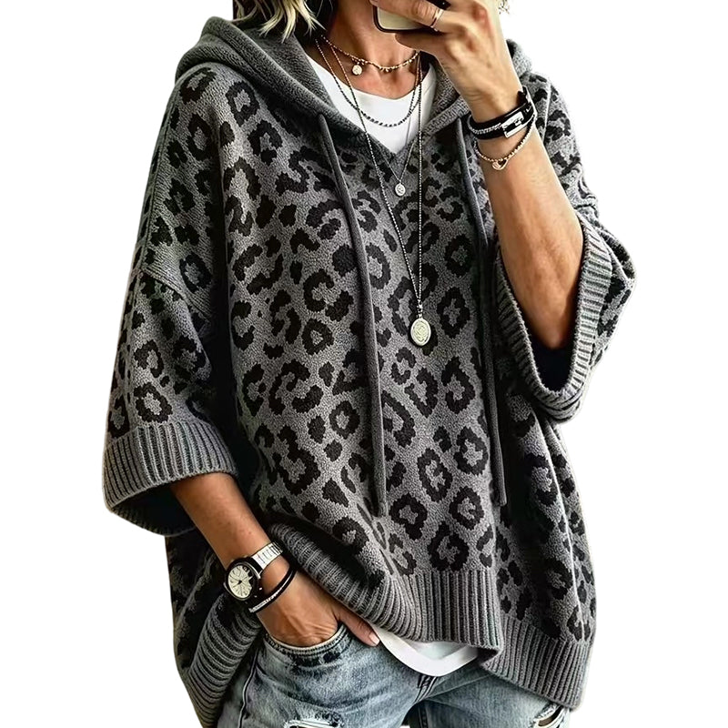 Leopardmönstrad Stickad Huvtröja för Dam – Mjuk Oversized Tröja för Hösten