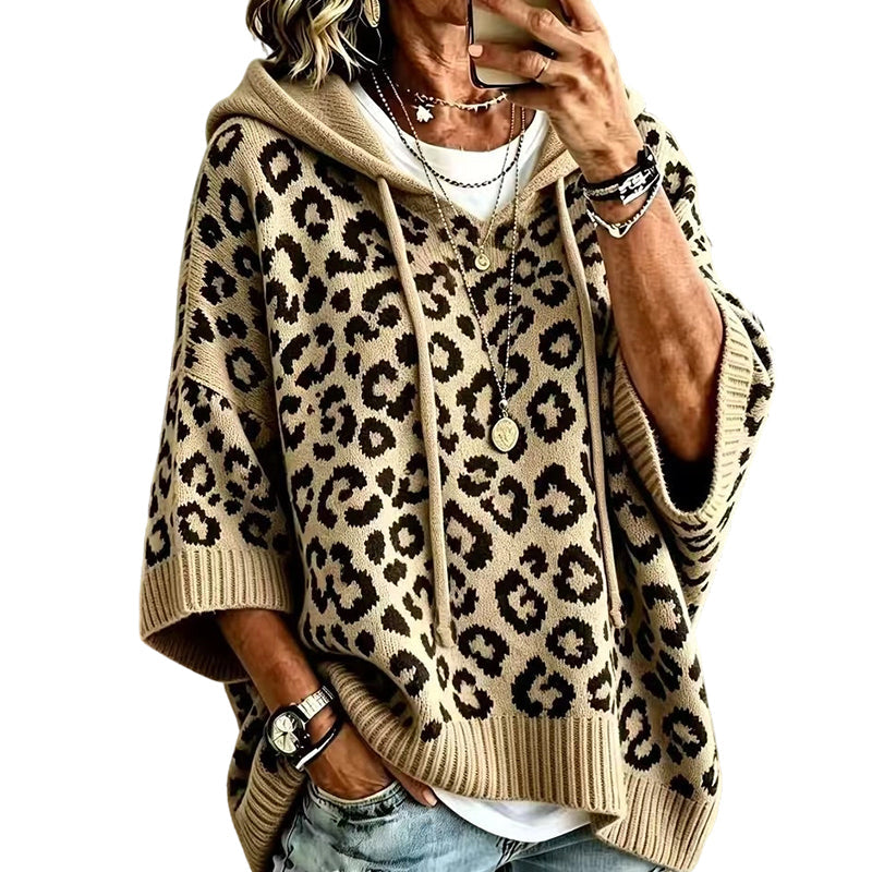 Leopardmönstrad Stickad Huvtröja för Dam – Mjuk Oversized Tröja för Hösten