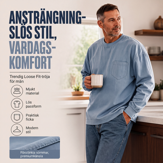 Nya ankomster📦|Herr Långärmad T-shirt med Lös Passform – Mjuk Casual Tröja för Vardag & Höst