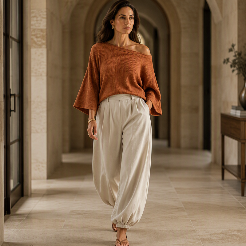 Nyhet✨|Elegant Stickat Set för Dam – Off Shoulder Topp & Vida Byxor med Avslappnad Passform