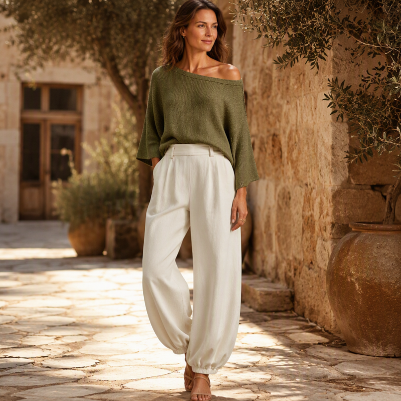 Nyhet✨|Elegant Stickat Set för Dam – Off Shoulder Topp & Vida Byxor med Avslappnad Passform