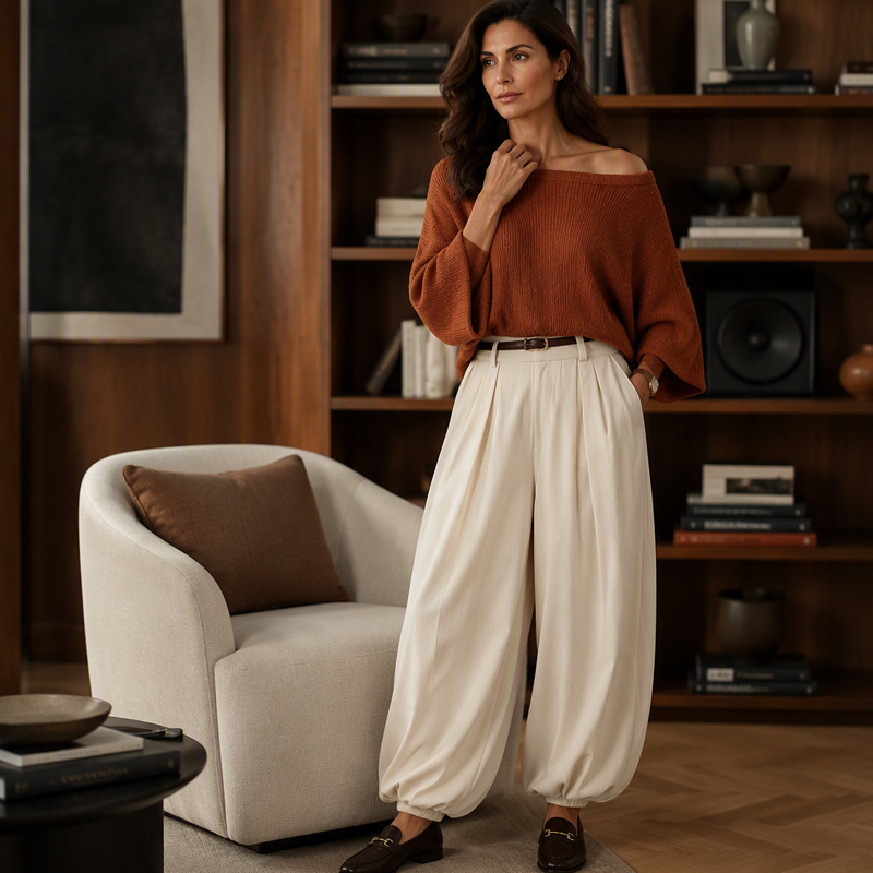 Nyhet✨|Elegant Stickat Set för Dam – Off Shoulder Topp & Vida Byxor med Avslappnad Passform