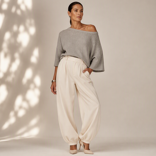 Nyhet✨|Elegant Stickat Set för Dam – Off Shoulder Topp & Vida Byxor med Avslappnad Passform