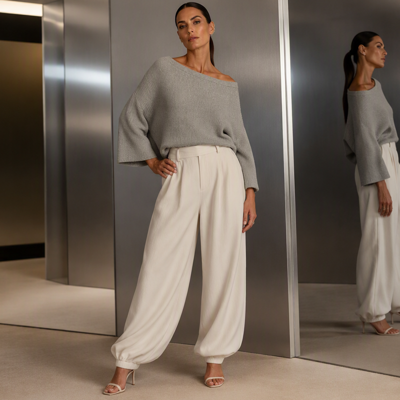 Nyhet✨|Elegant Stickat Set för Dam – Off Shoulder Topp & Vida Byxor med Avslappnad Passform