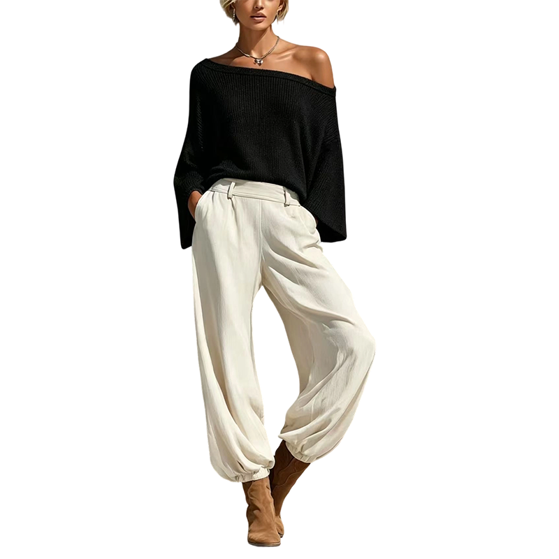 Nyhet✨|Elegant Stickat Set för Dam – Off Shoulder Topp & Vida Byxor med Avslappnad Passform