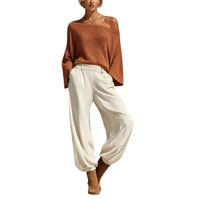 Nyhet✨|Elegant Stickat Set för Dam – Off Shoulder Topp & Vida Byxor med Avslappnad Passform