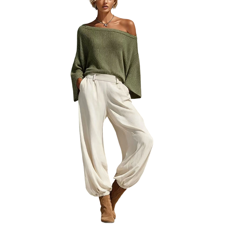 Nyhet✨|Elegant Stickat Set för Dam – Off Shoulder Topp & Vida Byxor med Avslappnad Passform